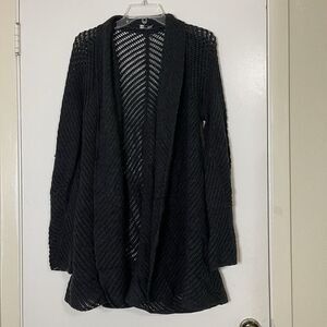 EILEEN FISHER open knit crochet long tunic gray sweater cardigan merino wool Med